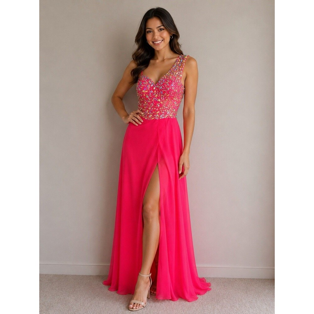 Prom Dress Morilee By Madeleine Gardner Size 1/2 Hot Pink Cold Shoulder Strap